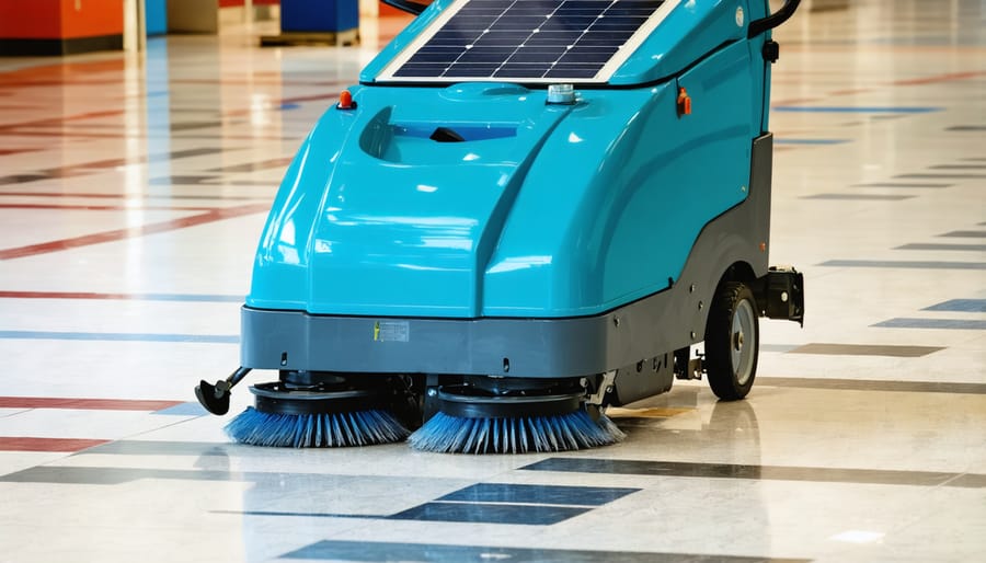 Solar-powered floor scrubber cleaning a large commercial space