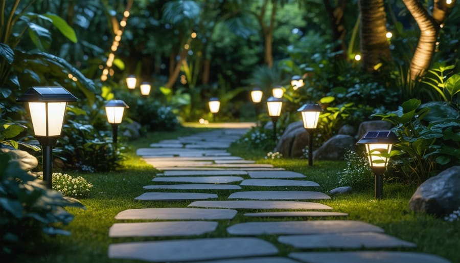 Garden pathway at night lit by multiple styles of solar landscape lighting