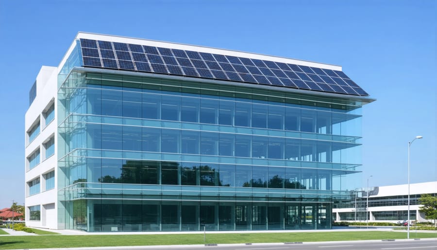 Contemporary glass office building with solar panels integrated into its facade