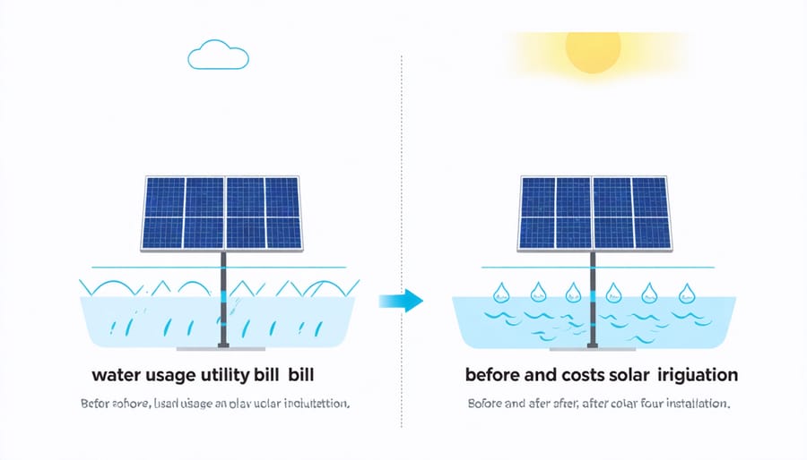Infographic comparing traditional vs solar irrigation costs and water consumption