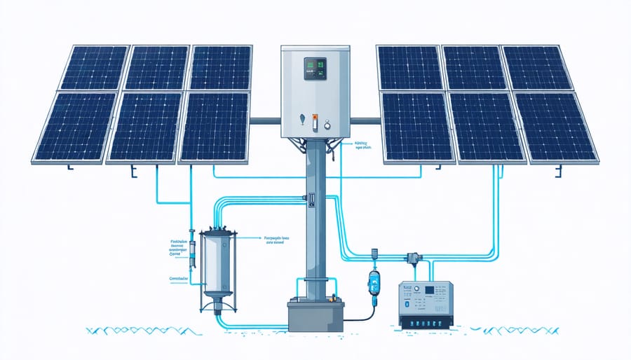 Technical diagram illustrating solar irrigation system components and connections