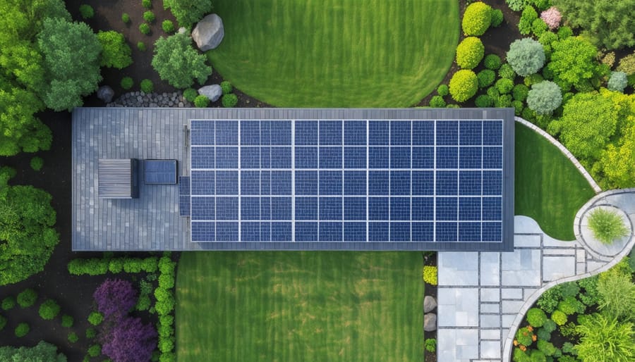 Beautifully landscaped backyard with solar panels seamlessly integrated into garden design