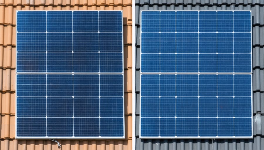 Side-by-side comparison of clean, well-maintained solar panels next to dirty, degraded panels