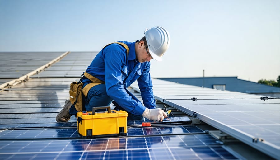 Professional solar technician conducting maintenance inspection on roof-mounted solar array