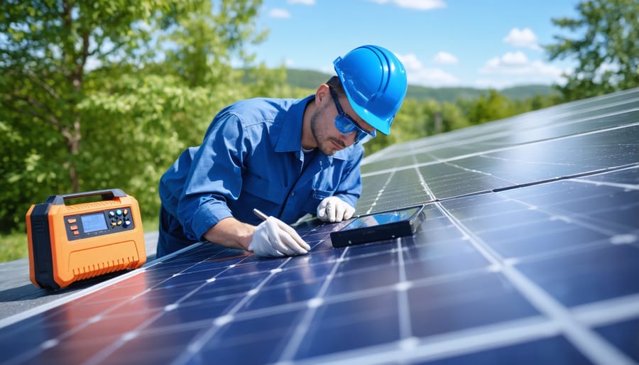 Solar maintenance technician performing preventive maintenance check on rooftop solar array