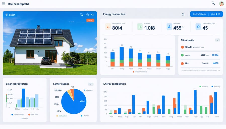Interactive dashboard displaying solar energy production, household consumption, and savings statistics