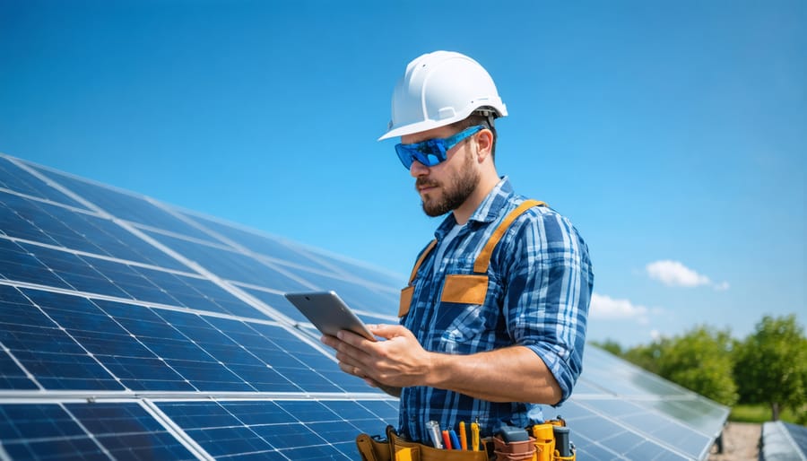 Solar technician using a digital tablet to inspect and monitor solar panel performance, representing solar operations and maintenance services.