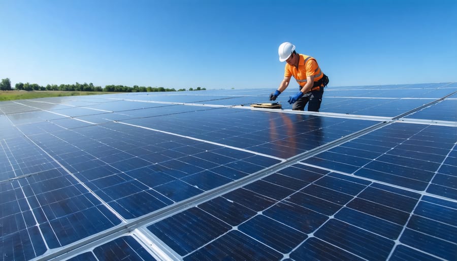 Workers cleaning solar panels with water sprayers at a utility-scale solar installation