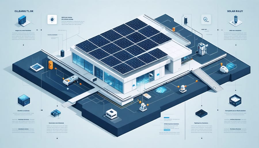 Technical illustration of solar panel integration in commercial cleaning equipment