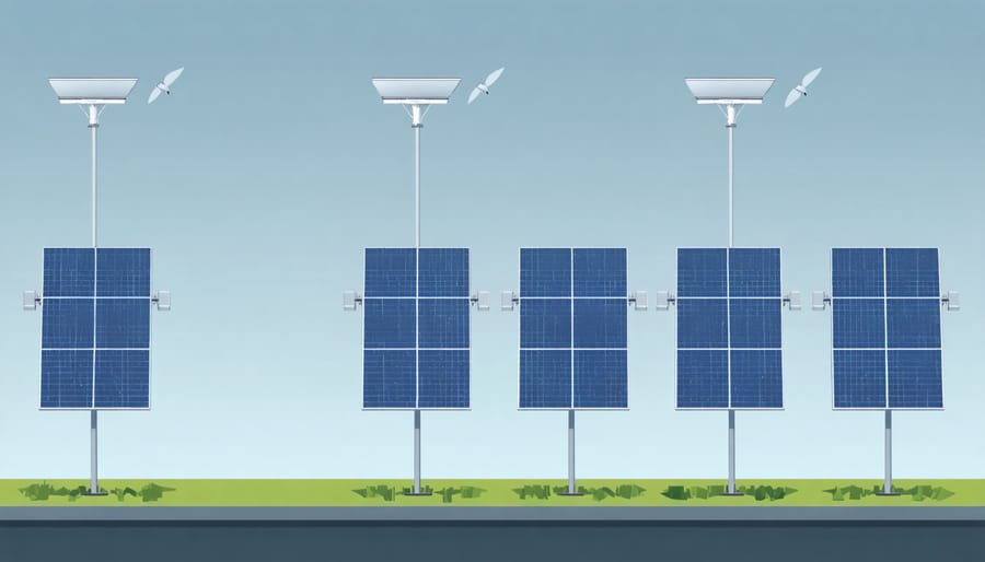 Technical illustration of solar panel positioning angles and sun tracking paths