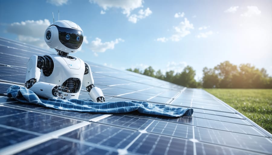 Automated waterless cleaning robot moving across solar panels