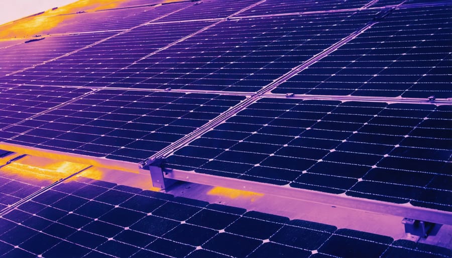 Thermal imaging analysis of solar panels revealing potential problem areas