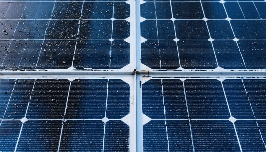 Detailed view of weather-related wear and damage on a solar panel surface