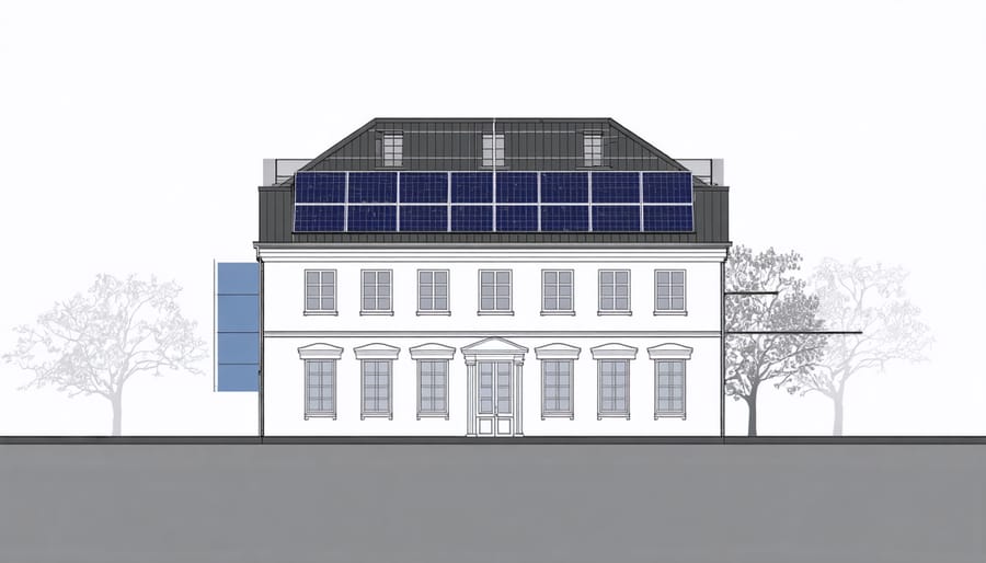 Illustrated diagram of alternative solar panel placement strategies for historic buildings