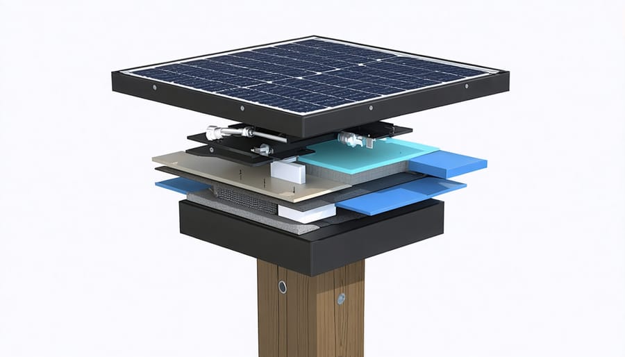 Technical diagram showing components of a solar post cap light