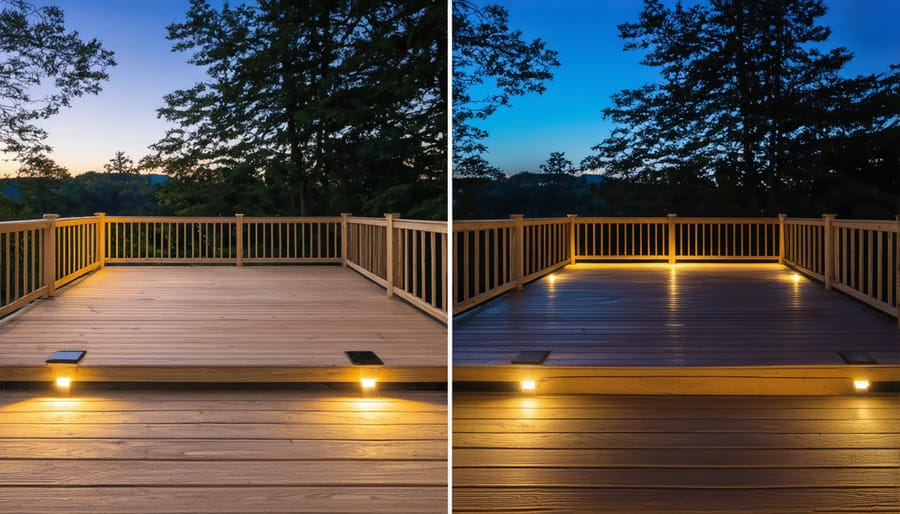 Split image comparing deck appearance with and without solar post cap lighting