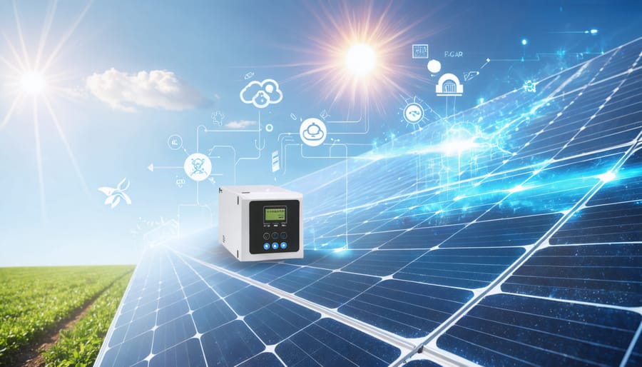 Artistic representation of solar panels, inverters, and mounting systems working together to generate and transform solar energy, highlighting themes of durability and efficiency.