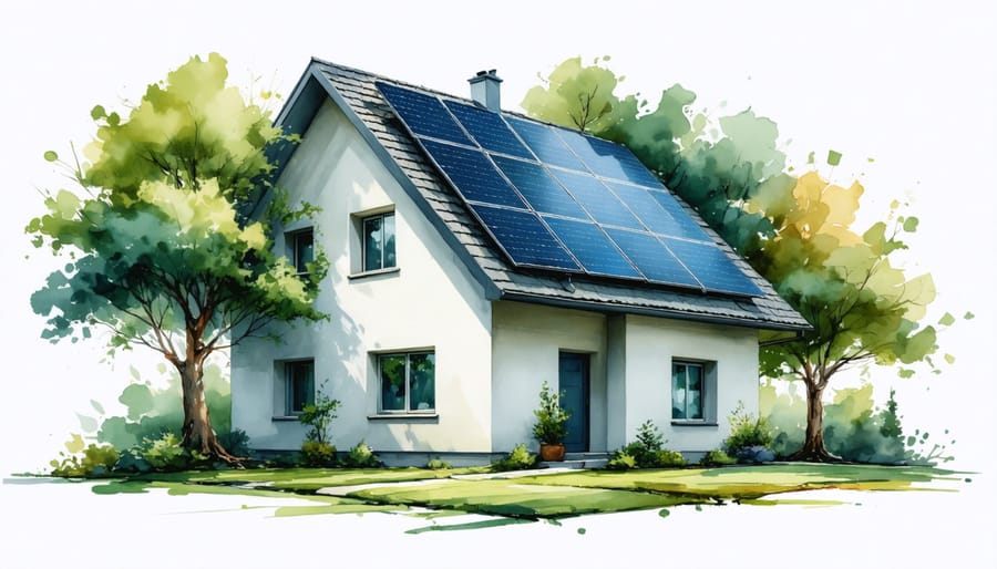 Deciduous trees providing natural shade while allowing solar panel exposure