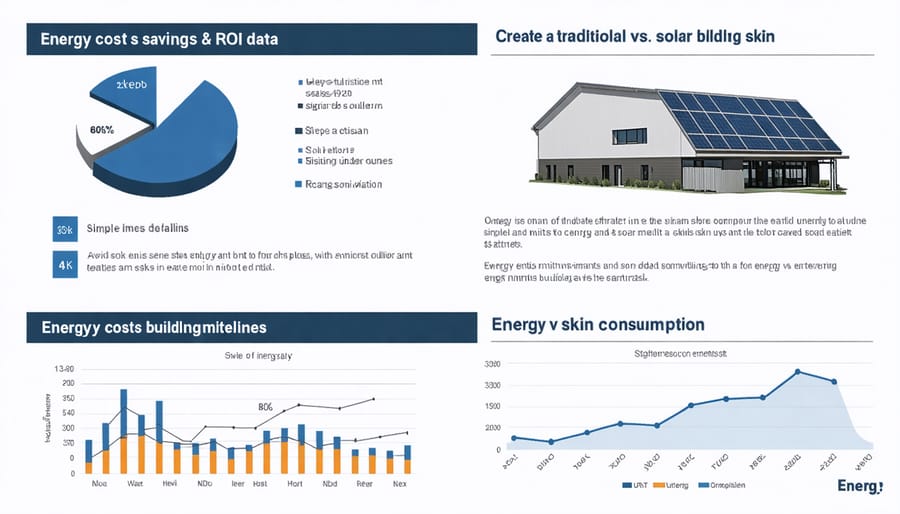 Visual representation of energy savings and return on investment for solar building skins