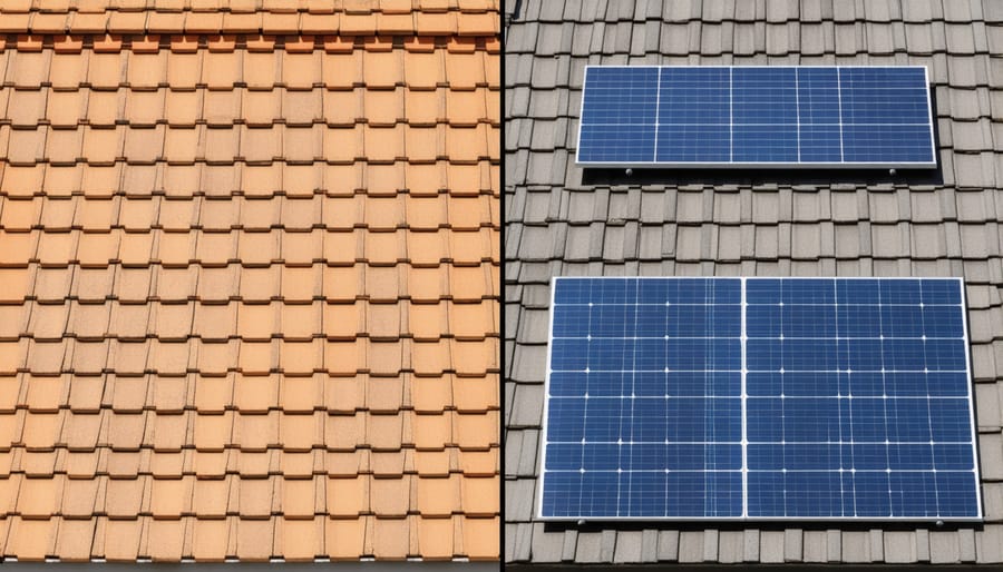 Side-by-side comparison of traditional slate roofing and solar roof tiles on a historic building
