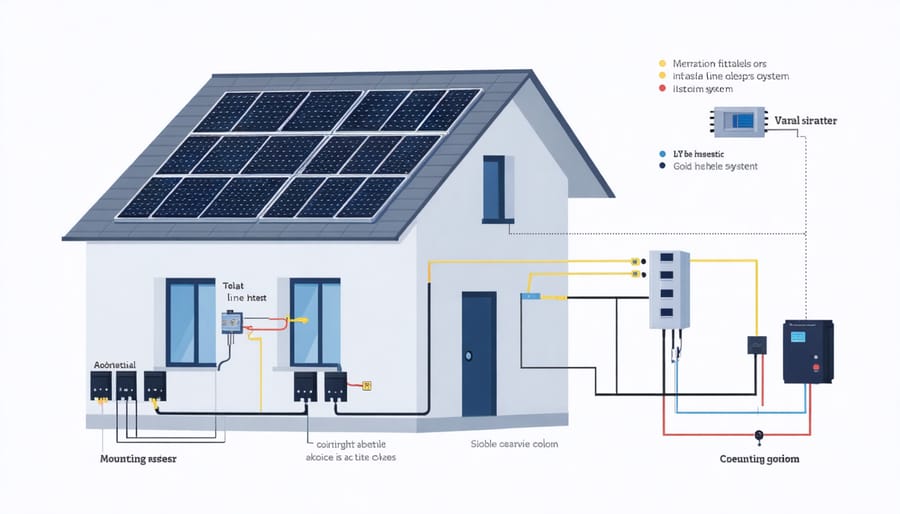Labeled diagram of solar installation components showing panels, inverter, and mounting hardware