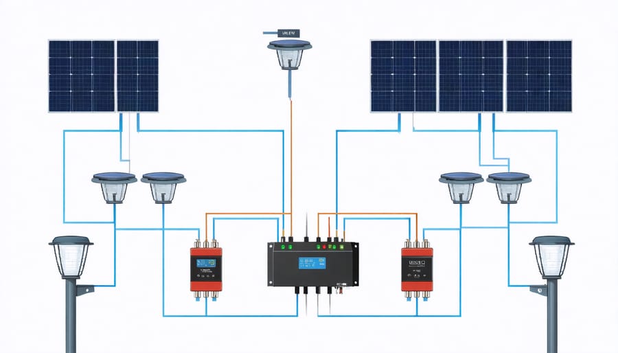 Technical diagram of solar backup lighting system components and connections