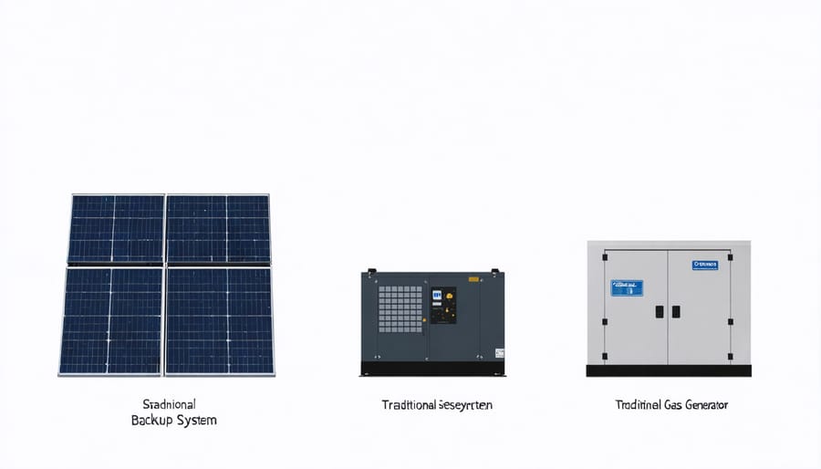 Split image comparing solar backup system with battery storage versus gas generator