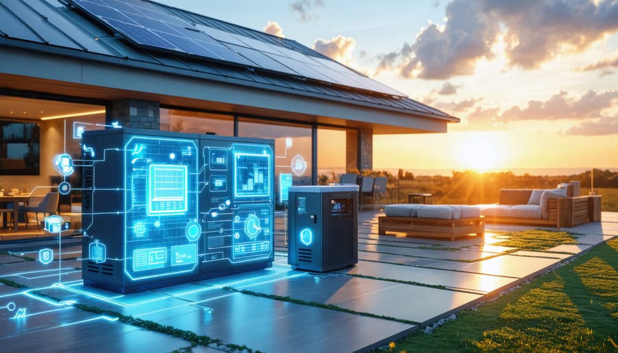 A modern home with rooftop solar panels, smart battery storage, and a digital interface for energy monitoring, illustrating the integration of V-grid systems for sustainable home energy management.
