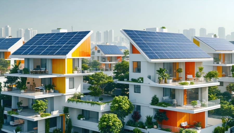 A futuristic neighborhood with rooftops adorned with perovskite solar panels, showcasing clean and sustainable energy solutions through modern architectural integration.