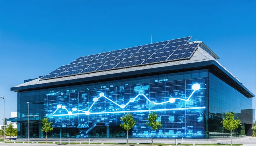 A commercial building with solar panels on the rooftop, depicting economic growth through digital financial graph overlays, illustrating the financial and environmental benefits of business solar investments.