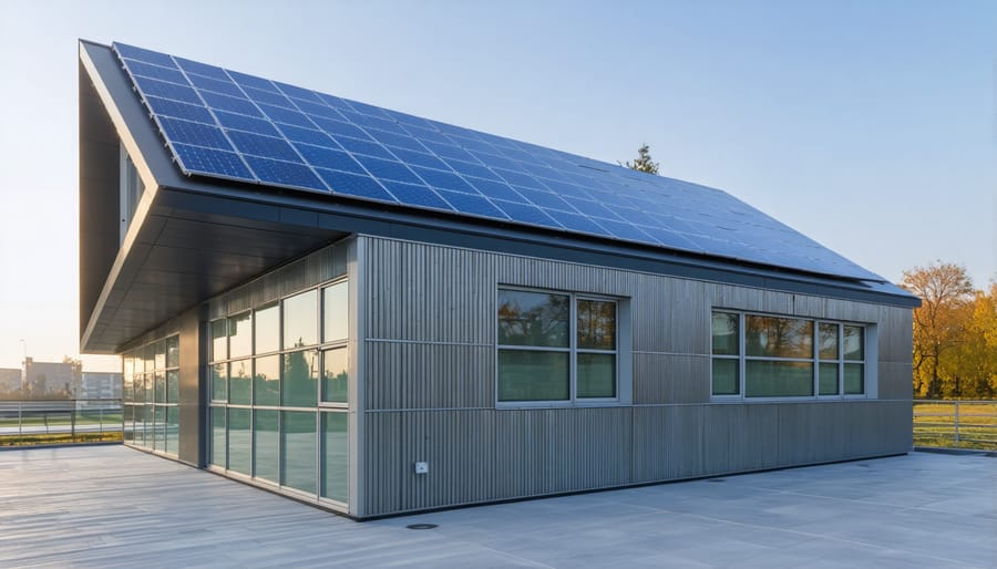 Commercial building showcasing graphene-perovskite solar panel installation