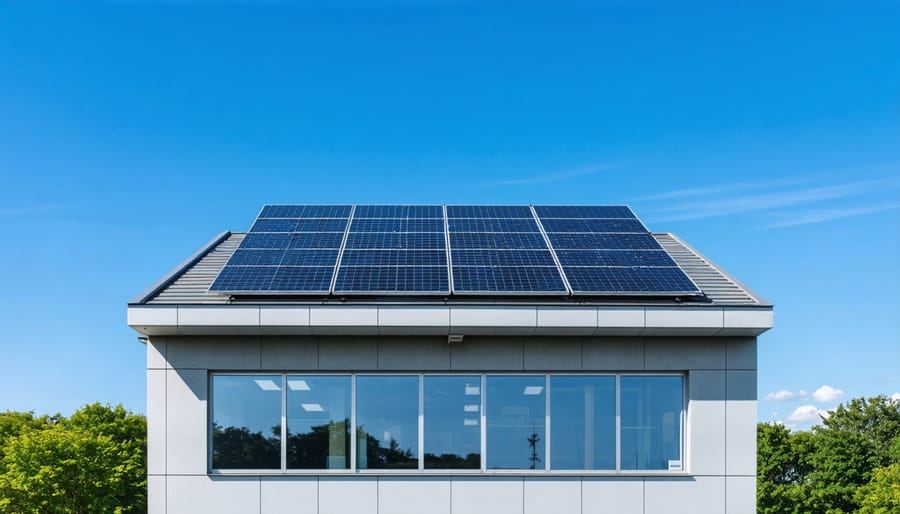 Large-scale solar panel array installed on commercial business roof