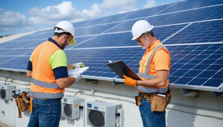 Diverse team of technicians and residents collaborating on residential solar panel installation