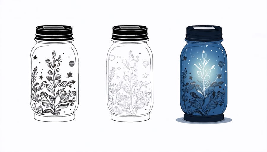 Four-panel image showing the progression of making a solar-powered mason jar garden light