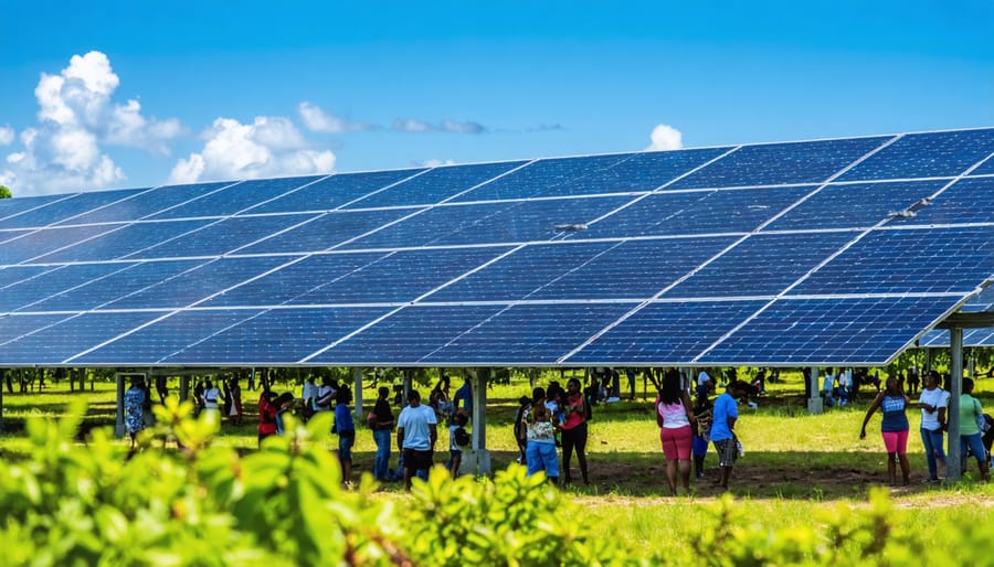 Diverse group of people participating in solar energy projects under the Florida sun, with solar panels prominently displayed in a community setting that emphasizes innovation and environmental justice.