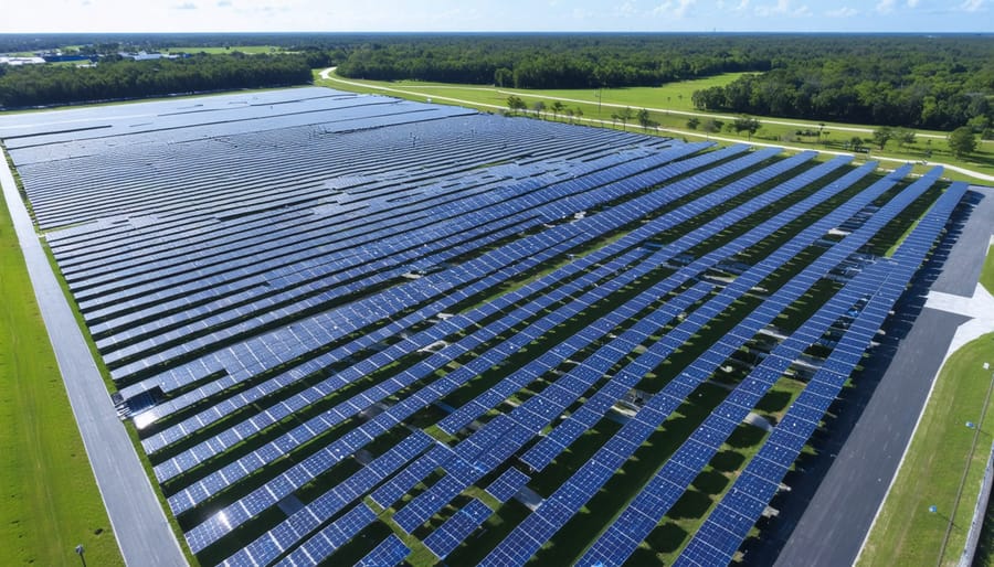 Modern research facility campus of FSEC featuring extensive rooftop and ground-mounted solar installations