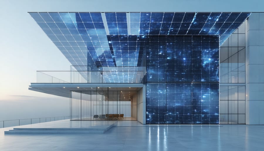 Modern building showcasing integration of transparent graphene-perovskite solar panels on the facade and rooftop, illustrating innovative renewable energy technology in an urban setting.