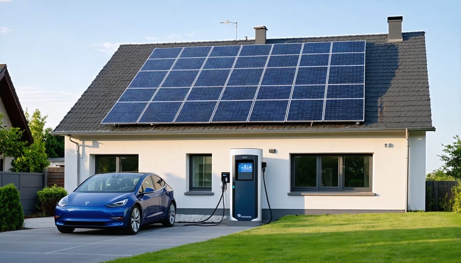 Modern home featuring solar panels and an electric vehicle charging in the driveway