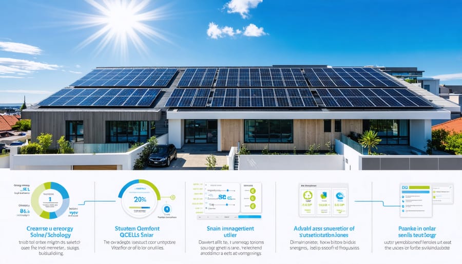 An image showing a contemporary mixed-use building equipped with Q CELLS solar panels, featuring retail spaces on the ground level and residential units above, with an energy management dashboard visible in the background.
