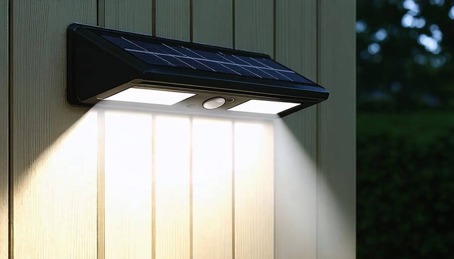 Motion-activated solar security light demonstrating coverage area with detection zone overlay