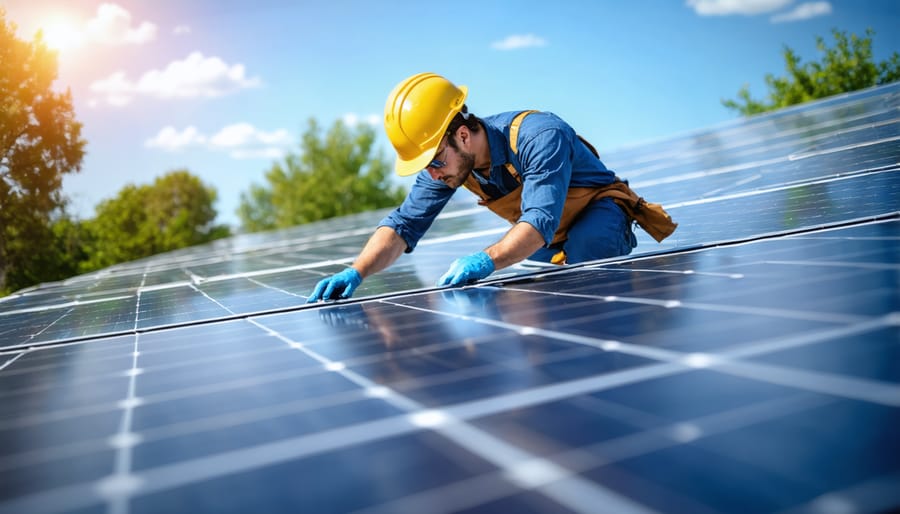 Professional solar installer with NABCEP certification badge installing rooftop solar panels