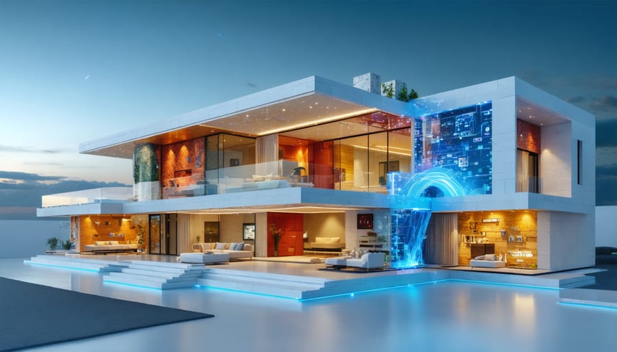 Futuristic home showcasing cross-sectional views of advanced insulation technologies, including aerogel, phase-change materials, and vacuum-insulated panels, highlighting energy efficiency and innovation.