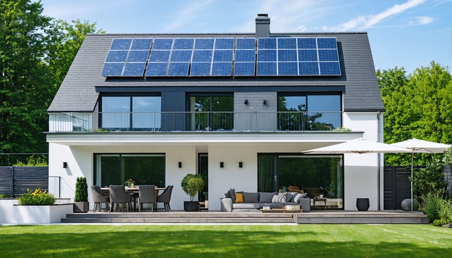 Workers installing new perovskite solar panels on a residential rooftop