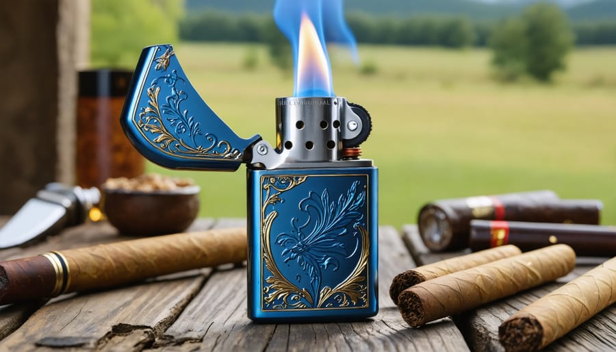 A premium torch lighter with a sleek metallic body and adjustable flame control, emitting a bright blue flame, set against a backdrop of outdoor and indoor elements symbolizing reliability and sophistication.