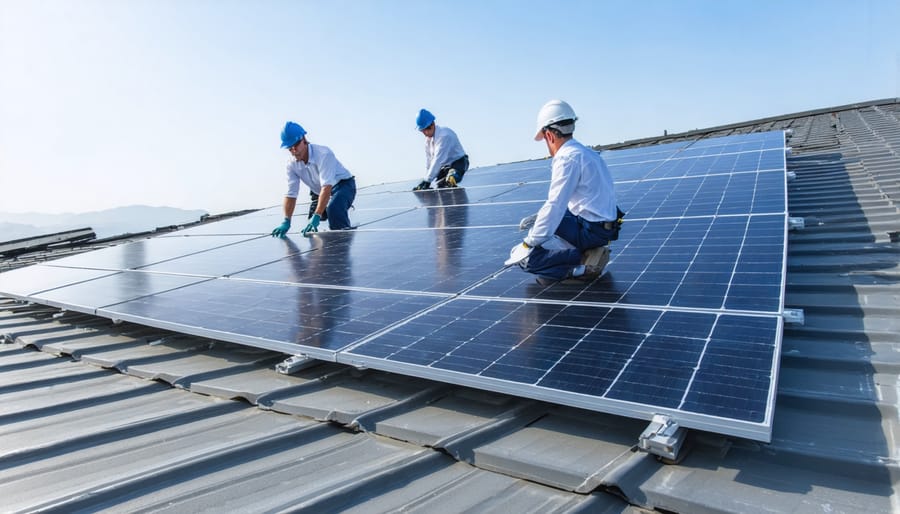 Certified technicians installing Q-Cells solar panels on commercial building