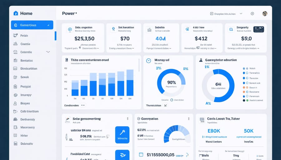 Digital dashboard interface displaying home energy usage statistics and controls