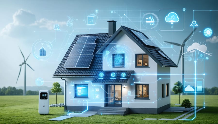 Conceptual illustration of a smart home showcasing energy-efficient technologies, including a digital overlay with a smart thermostat, solar panels, and real-time energy consumption dashboard.