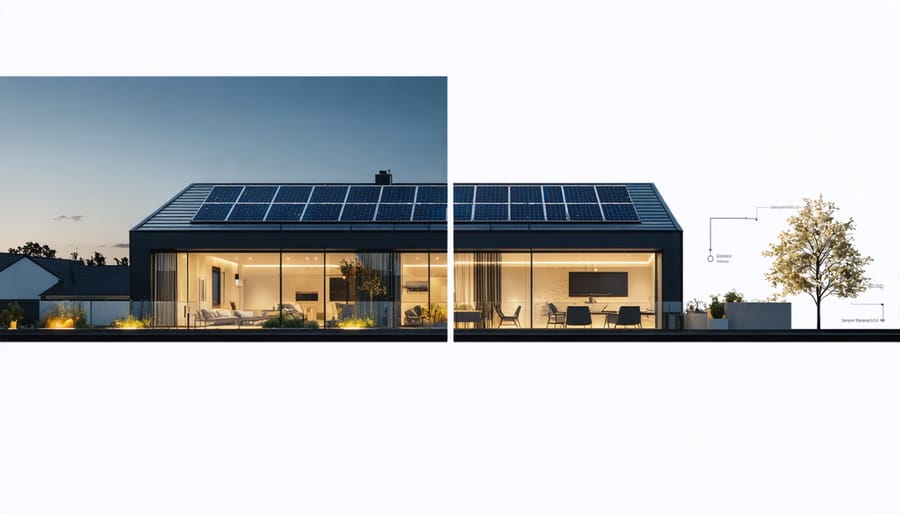 Smart home featuring solar panels powering connected indoor lighting system
