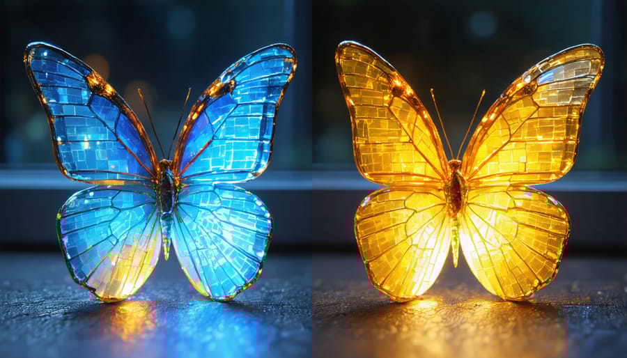 Day and night comparison of a solar-powered butterfly garden ornament, showing unlit daytime appearance and glowing nighttime display