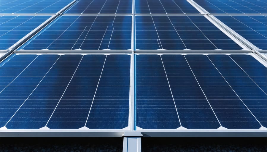 Close-up view of certification labels on a solar panel showing UL 1703 and IEC markings